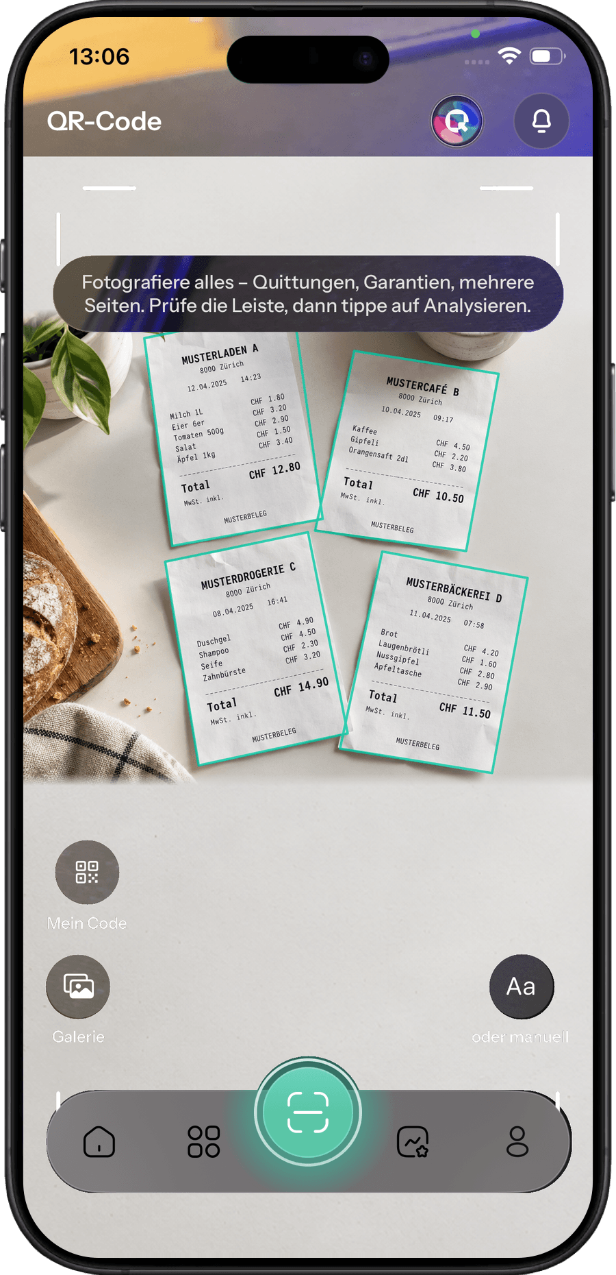 Illustratives Quitty-Kamerabild mit denselben vier Musterbelegen und originaler App-Navigation