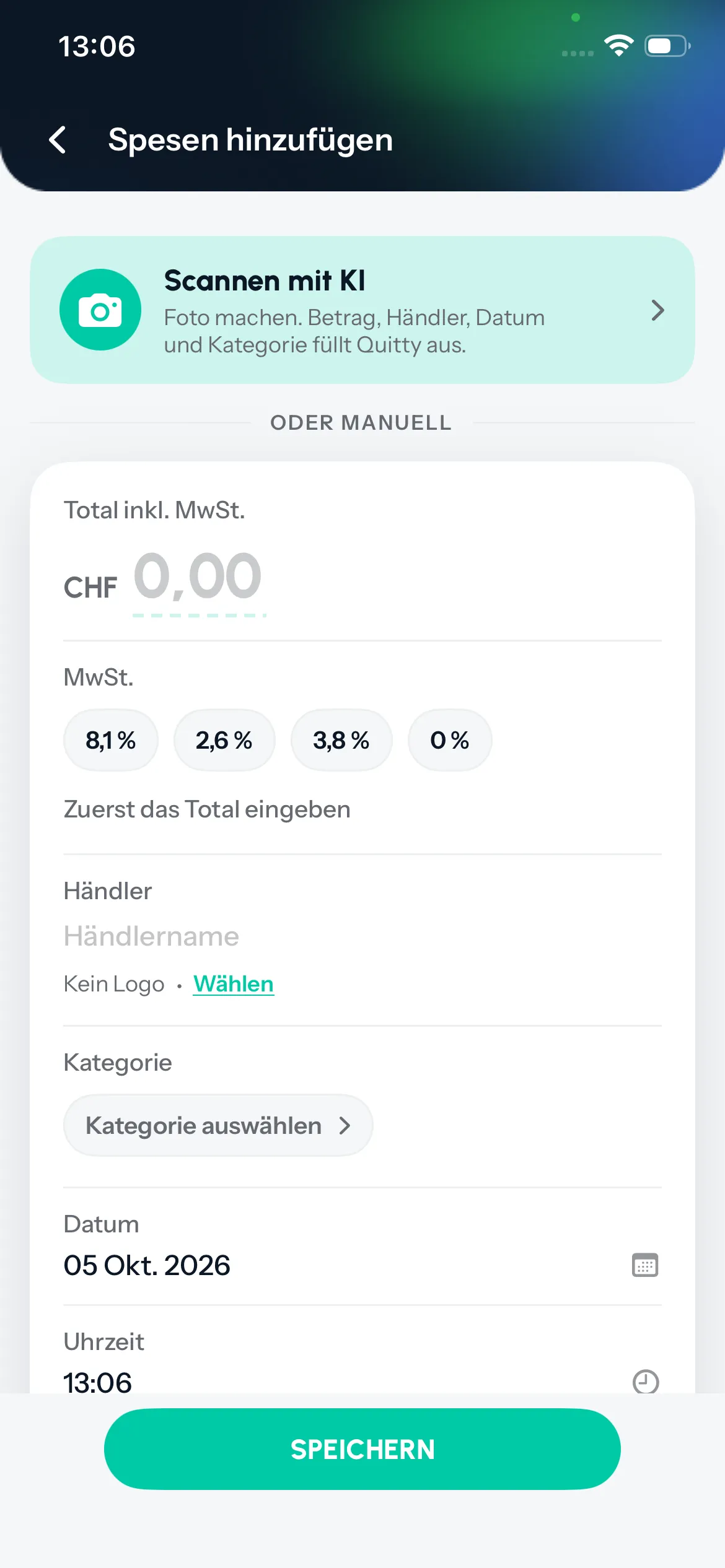 Originaler Quitty-Bildschirm zum Erfassen und Kategorisieren von Spesen