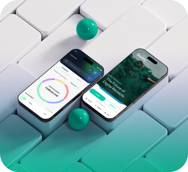 Quitty-App auf zwei Smartphones: Spesen und Startseite